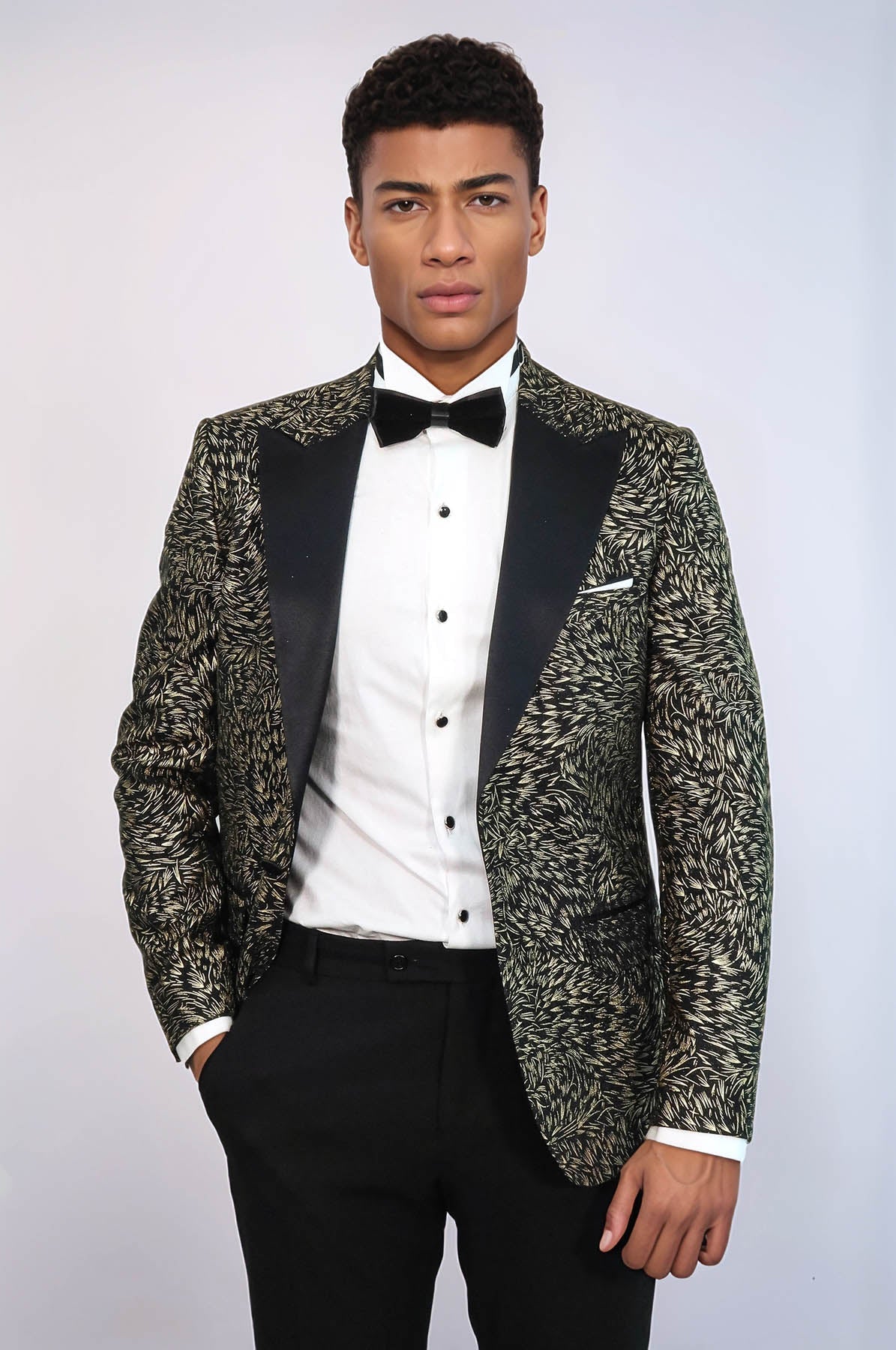 Feather Patterned Slim Fit Black Men Prom Blazer - Wessi