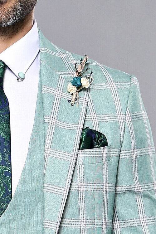 Checked Light Green Vested Suit | Wessi