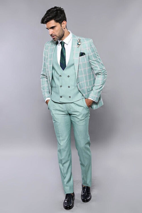 Checked Light Green Vested Suit | Wessi