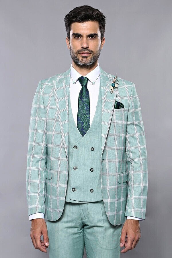 Checked Light Green Vested Suit | Wessi