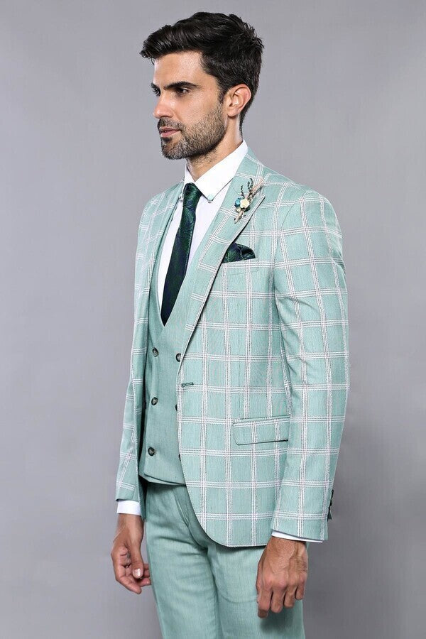 Checked Light Green Vested Suit | Wessi