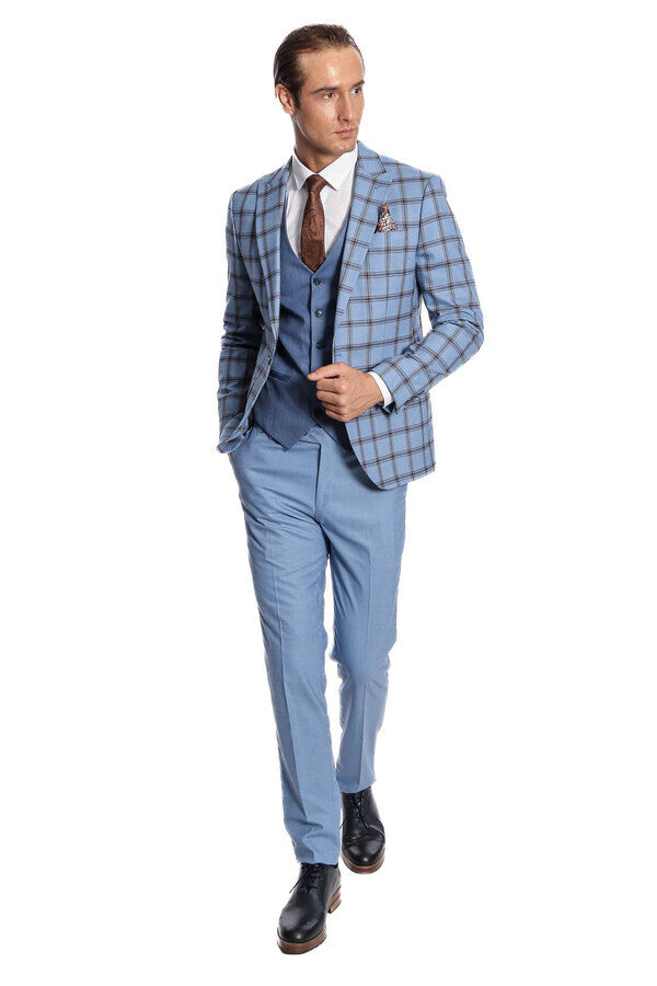 Checked Patterned Slim Fit Blue Men Suit - Wessi