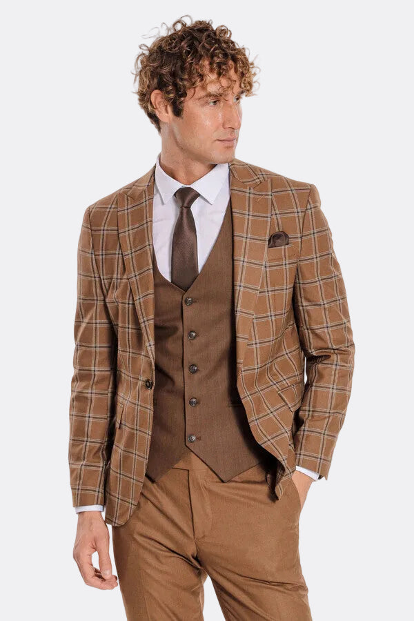 Checked Patterned Slim Fit Brown Men Suit - Wessi