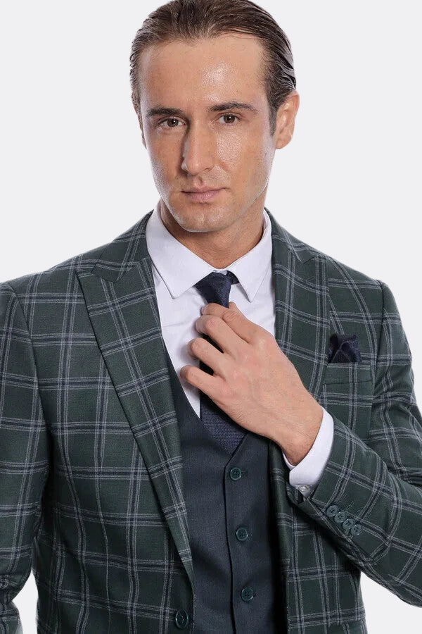 Checked Patterned Slim Fit Green Men Suit - Wessi