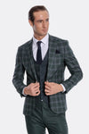 Checked Patterned Slim Fit Green Men Suit - Wessi
