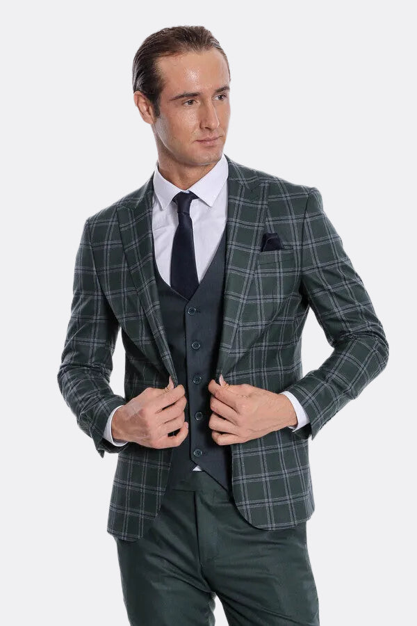 Checked Patterned Slim Fit Green Men Suit - Wessi