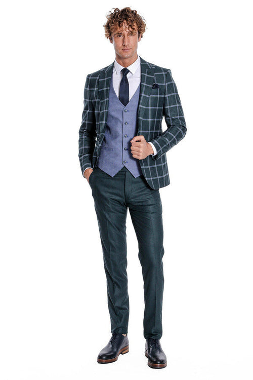 Checked Patterned Slim Fit Green Men Suit - Wessi