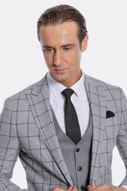 Checked Patterned Slim Fit Grey Men Suit - Wessi