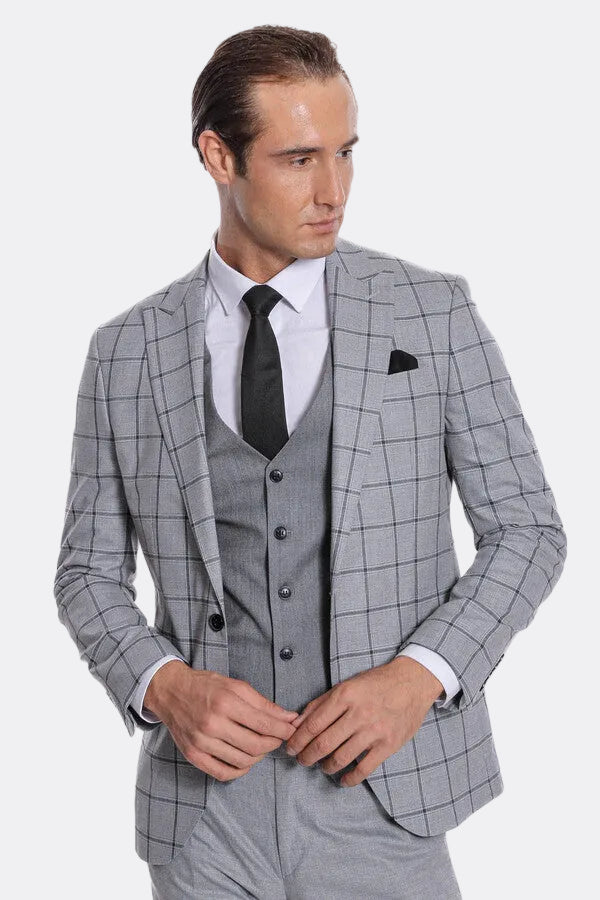 Checked Patterned Slim Fit Grey Men Suit - Wessi
