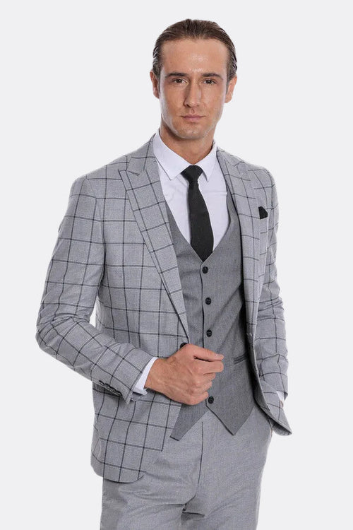Checked Patterned Slim Fit Grey Men Suit - Wessi