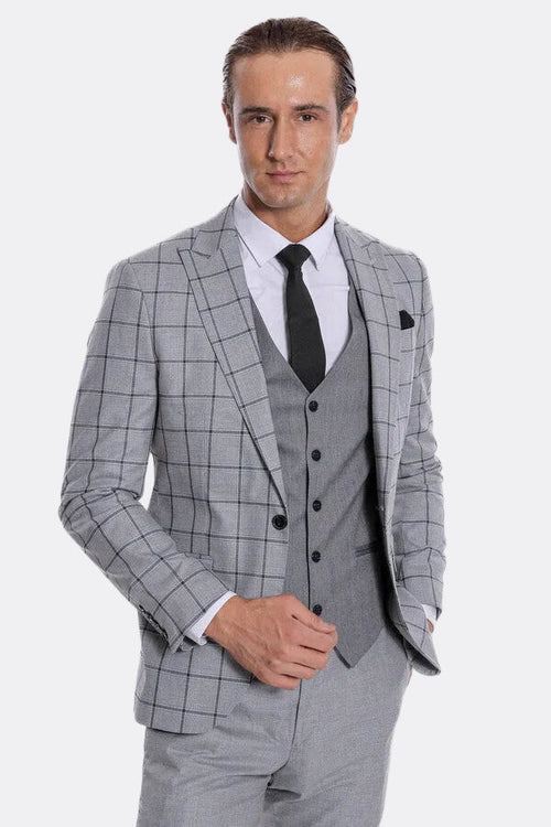 Checked Patterned Slim Fit Grey Men Suit - Wessi