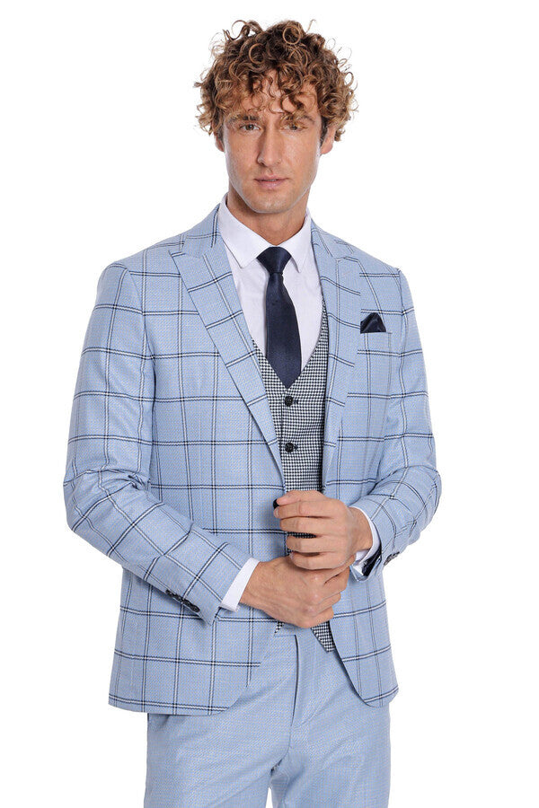 Checked Patterned Slim Fit Light Blue Men Suit - Wessi