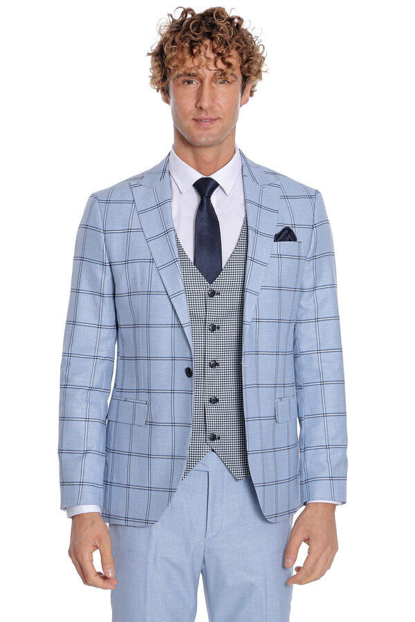 Checked Patterned Slim Fit Light Blue Men Suit - Wessi