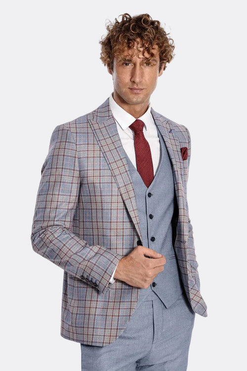 Checked Slim Fit Blue Men Suit - Wessi