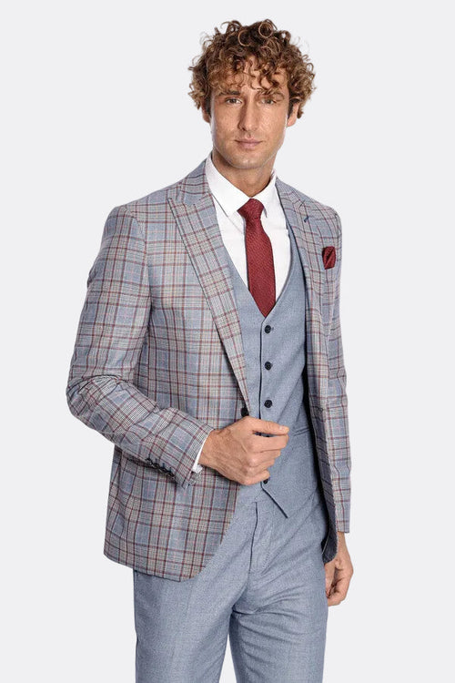 Checked Slim Fit Blue Men Suit - Wessi