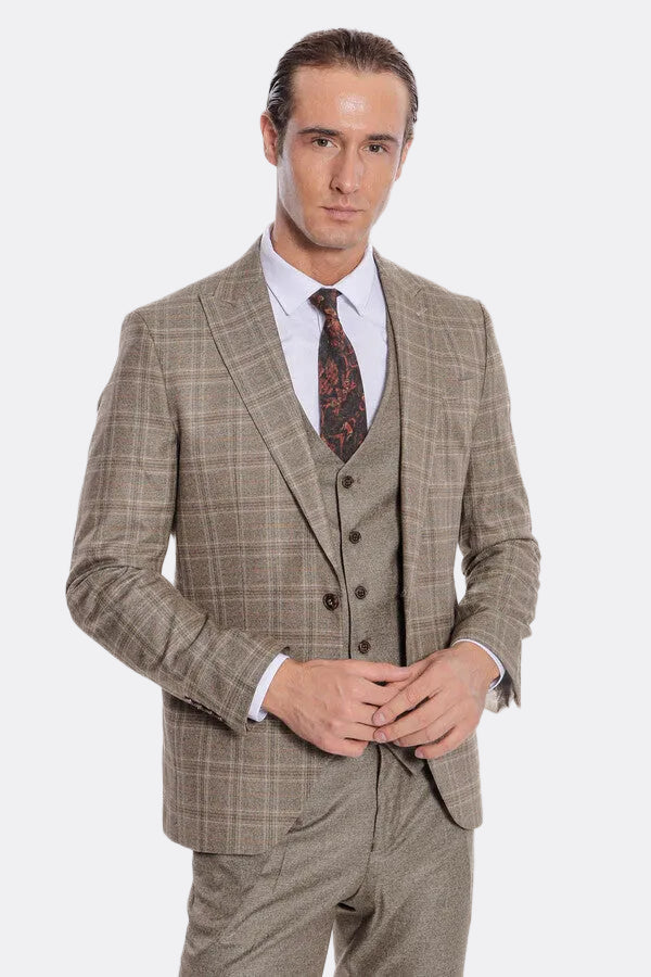 Checked Slim Fit Brown Men Suit - Wessi