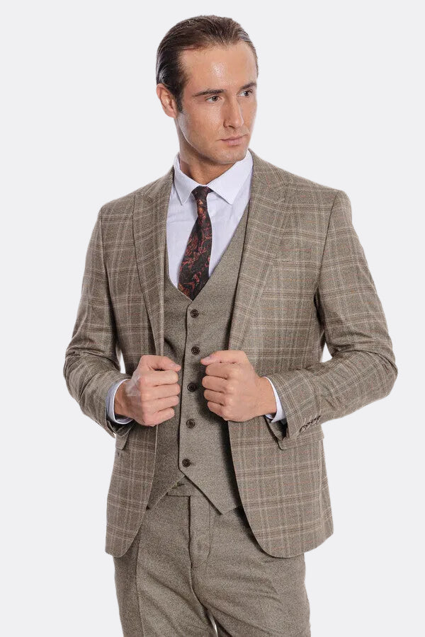 Checked Slim Fit Brown Men Suit - Wessi