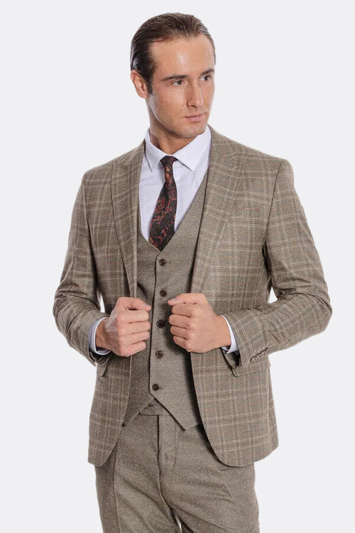 Checked Slim Fit Brown Men Suit - Wessi