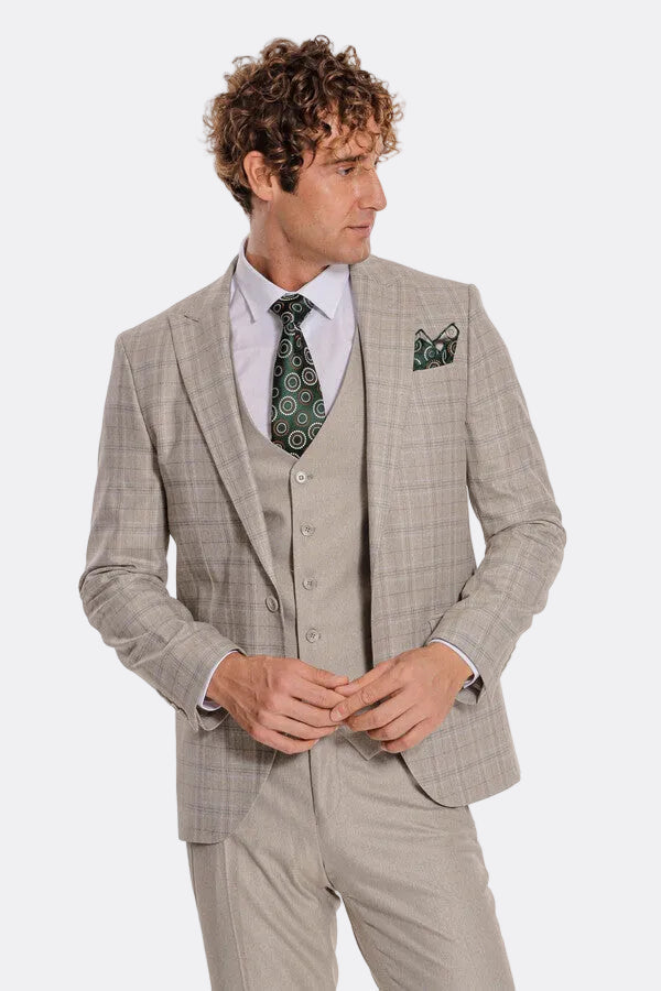Checked Slim Fit Cream Men Suit - Wessi