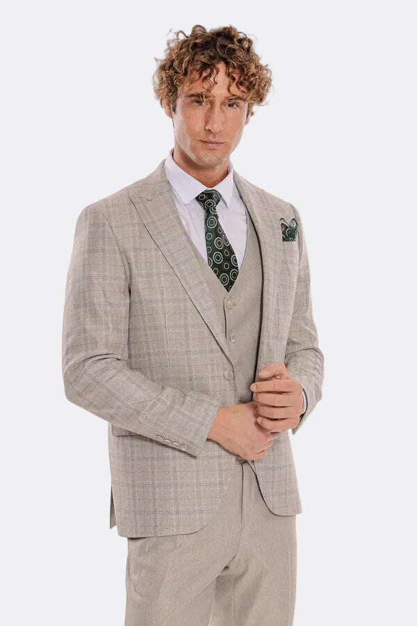 Checked Slim Fit Cream Men Suit - Wessi