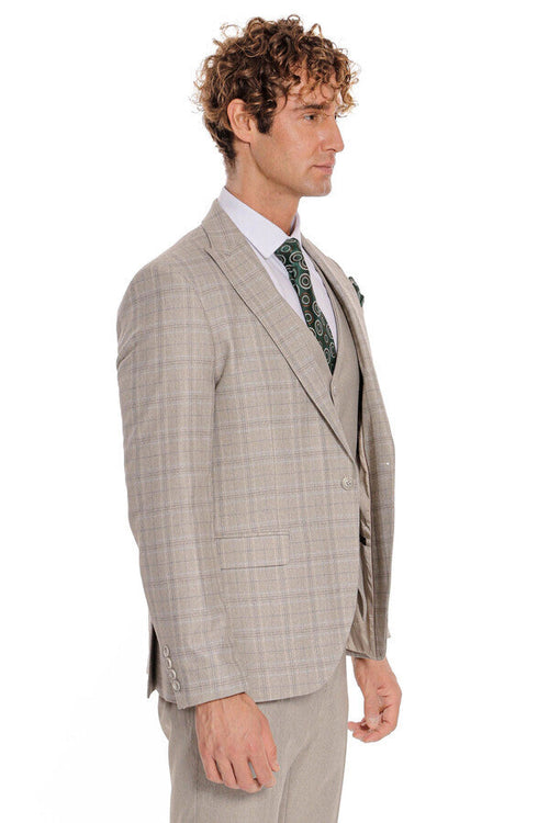 Checked Slim Fit Cream Men Suit - Wessi