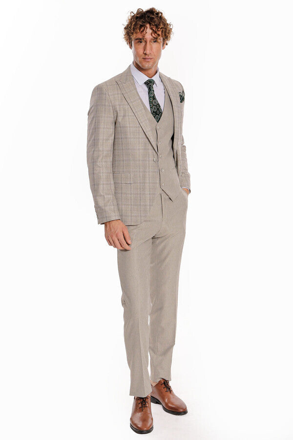 Checked Slim Fit Cream Men Suit - Wessi
