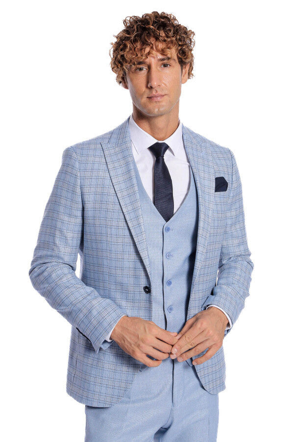 Checked Slim Fit Light Blue Men Suit - Wessi