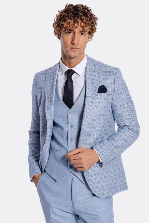 Checked Slim Fit Light Blue Men Suit - Wessi