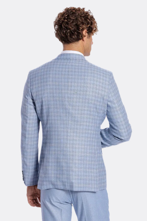 Checked Slim Fit Light Blue Men Suit - Wessi