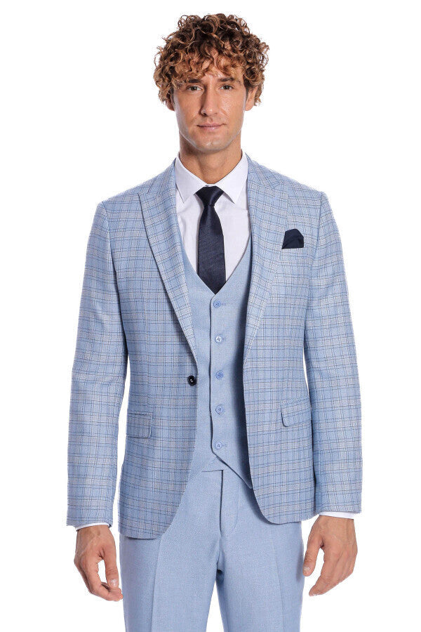 Checked Slim Fit Light Blue Men Suit - Wessi