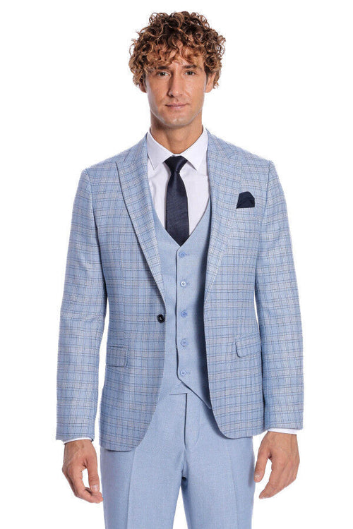 Checked Slim Fit Light Blue Men Suit - Wessi