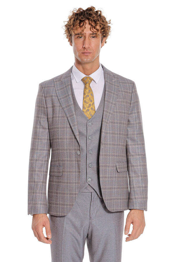 Checked Slim Fit Light Blue Men Suit - Wessi