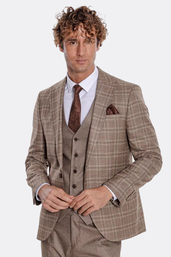 Checked Slim Fit Light Brown Men Suit - Wessi