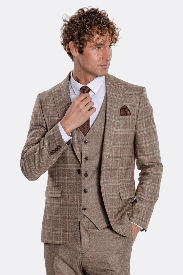 Checked Slim Fit Light Brown Men Suit - Wessi