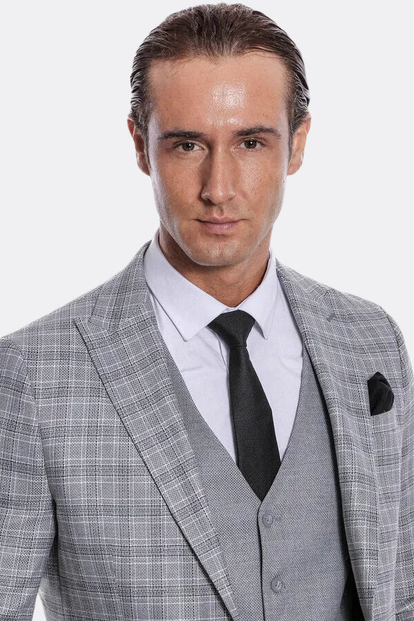 Checked Slim Fit Light Grey Men Suit - Wessi