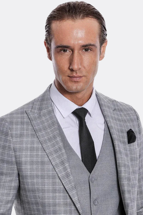 Checked Slim Fit Light Grey Men Suit - Wessi