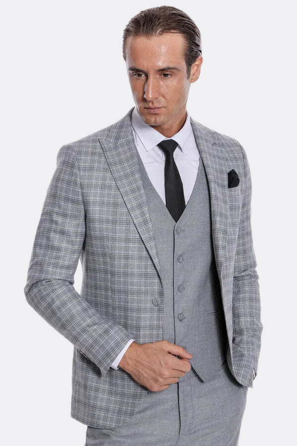 Checked Slim Fit Light Grey Men Suit - Wessi