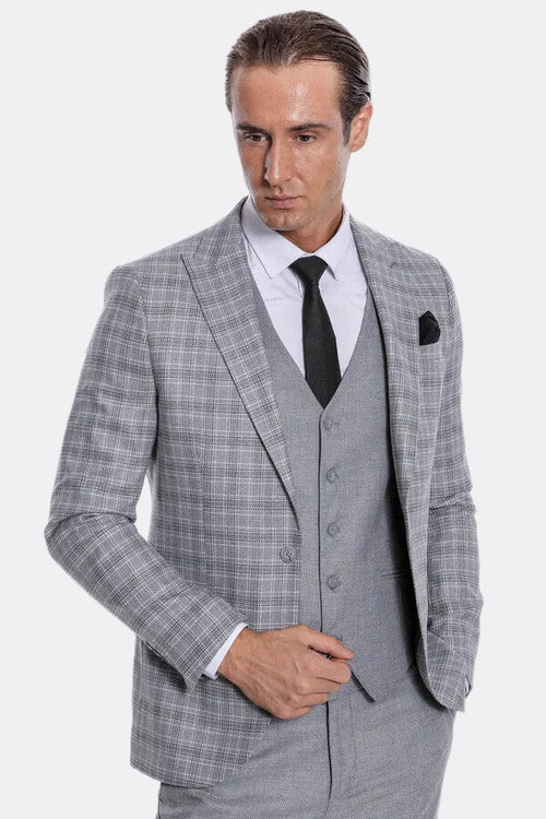 Checked Slim Fit Light Grey Men Suit - Wessi