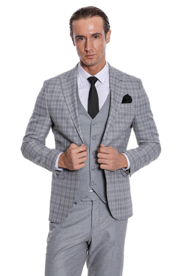 Checked Slim Fit Light Grey Men Suit - Wessi