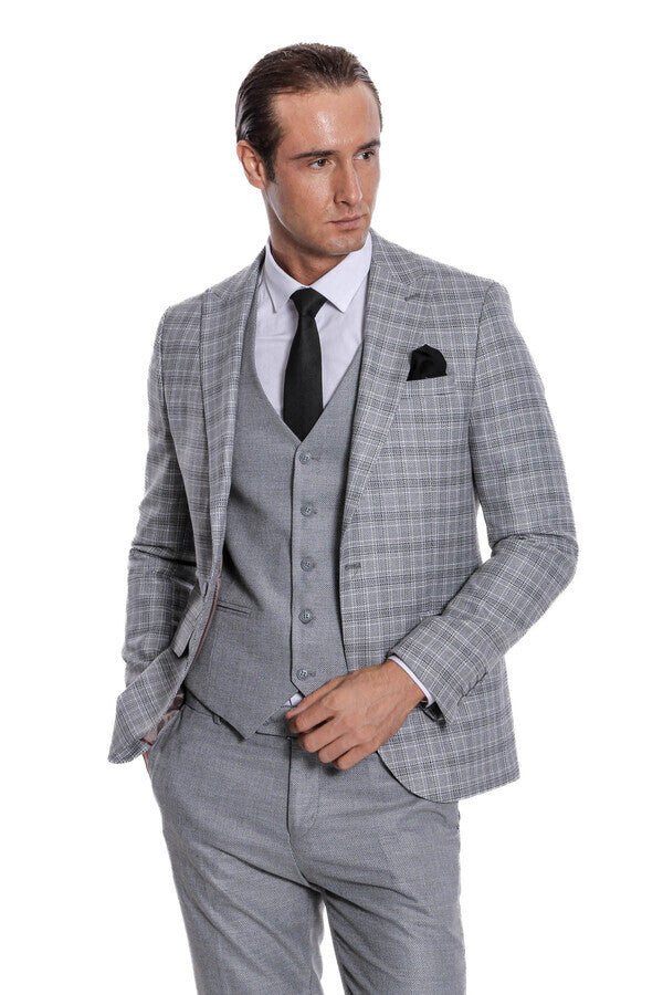 Checked Slim Fit Light Grey Men Suit - Wessi