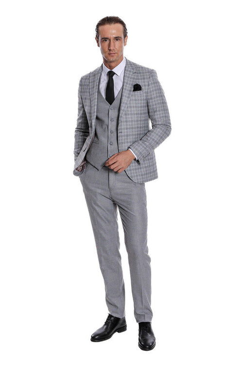 Checked Slim Fit Light Grey Men Suit - Wessi