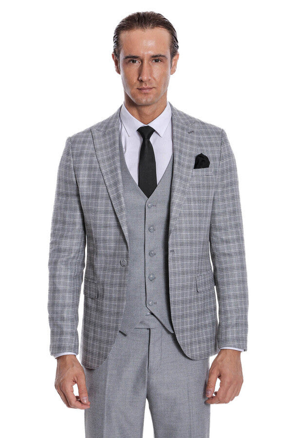 Checked Slim Fit Light Grey Men Suit - Wessi