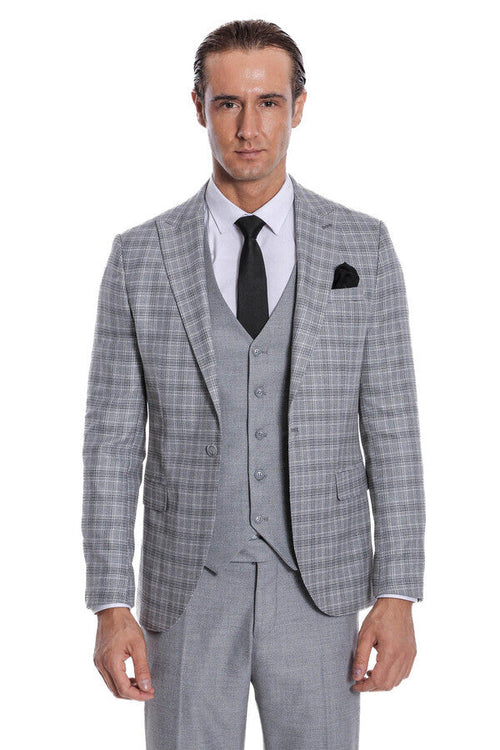 Checked Slim Fit Light Grey Men Suit - Wessi