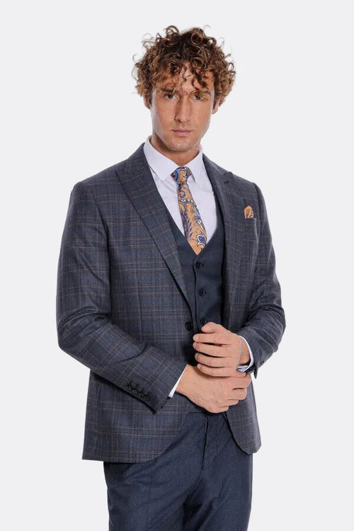 Checked Slim Fit Navy Blue Men Suit - Wessi