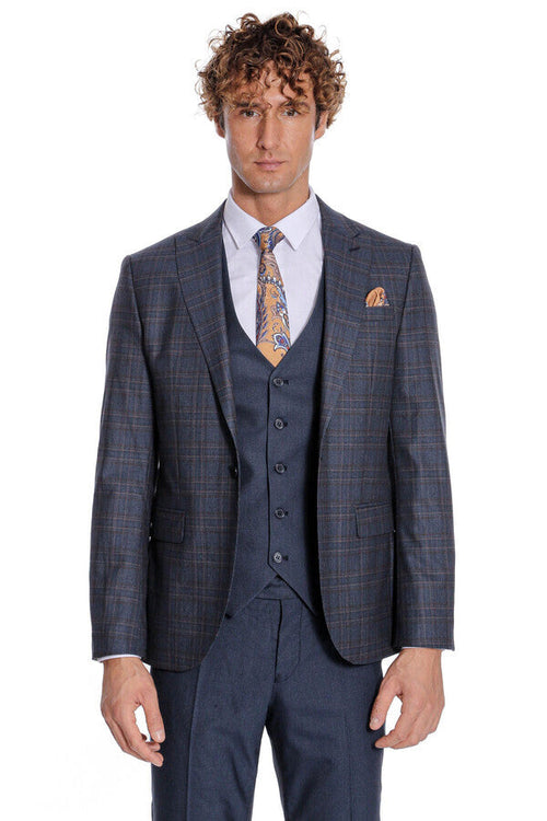 Checked Slim Fit Navy Blue Men Suit - Wessi
