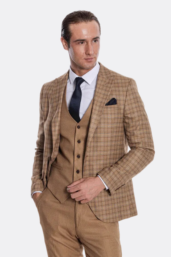 Checked Slim Fit Tan Men Suit - Wessi