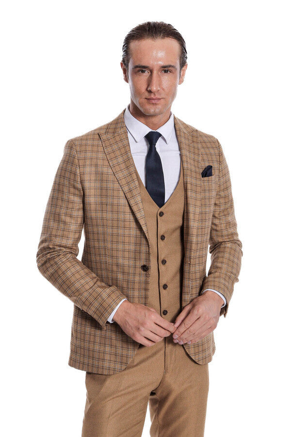 Checked Slim Fit Tan Men Suit - Wessi