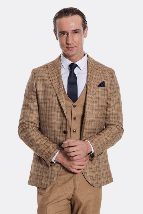 Checked Slim Fit Tan Men Suit - Wessi