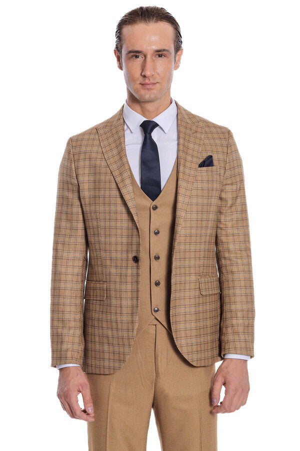 Checked Slim Fit Tan Men Suit - Wessi