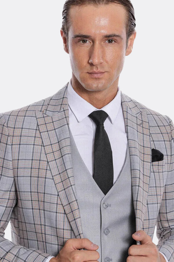 Checked Slim Fit Light Grey Men Suit - Wessi